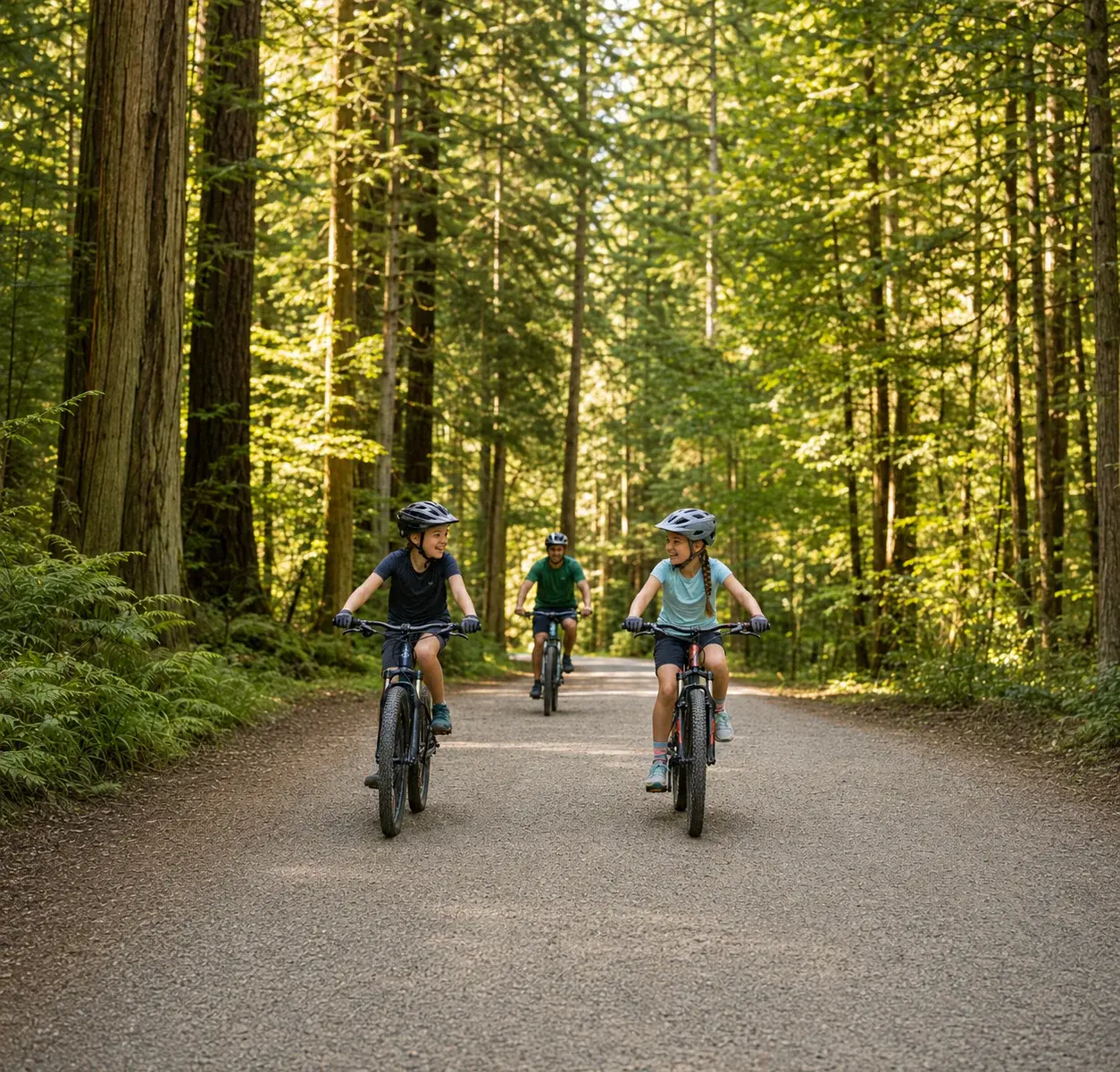 Young riders cycling together on a wide forest trail in Demo Forest