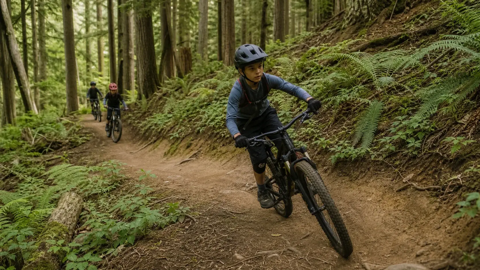 A young rider using controlled body position through a Mount Fromme trail corner