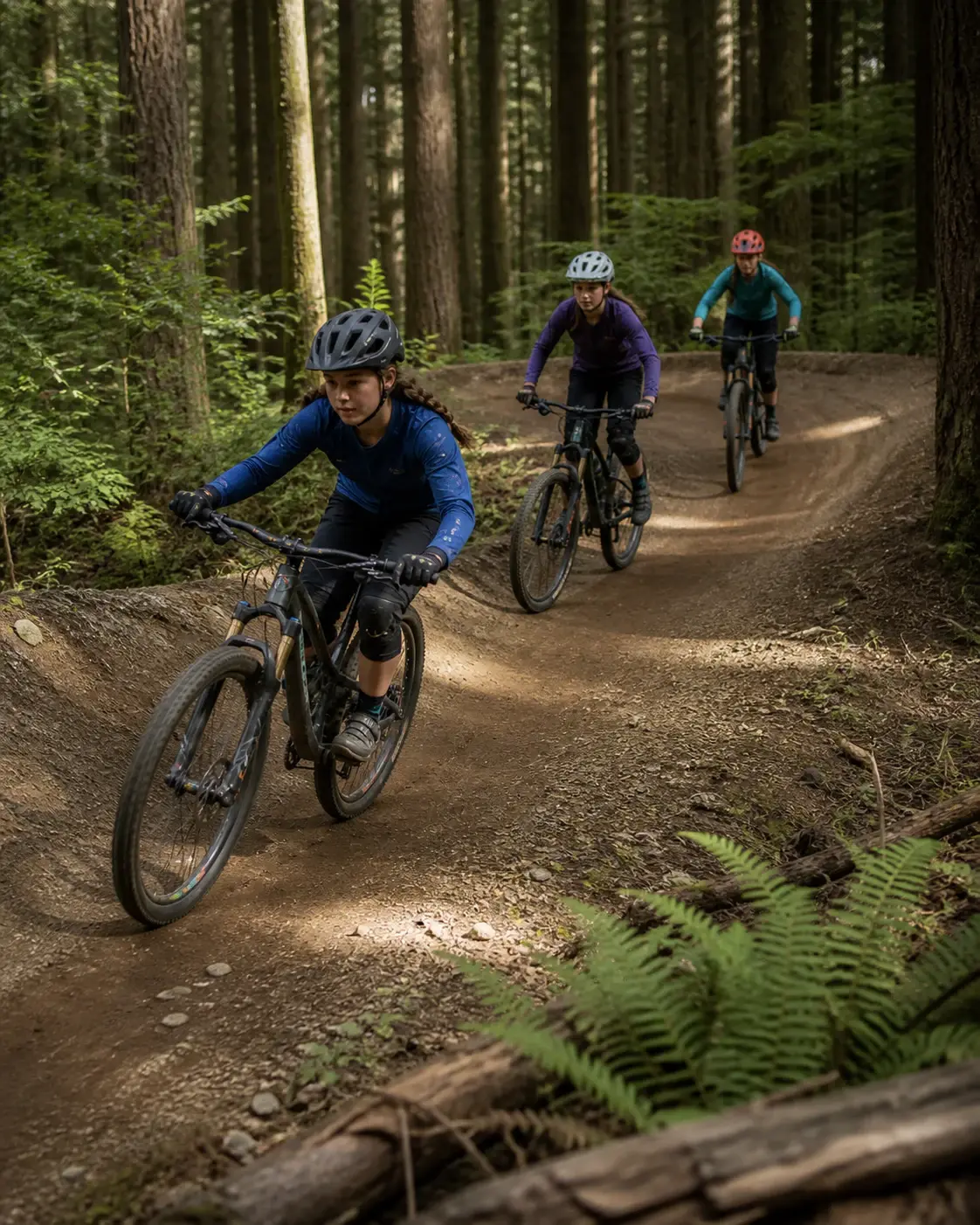 Three girls riding a flowing Bobsled trail berm together on Mount Fromme
